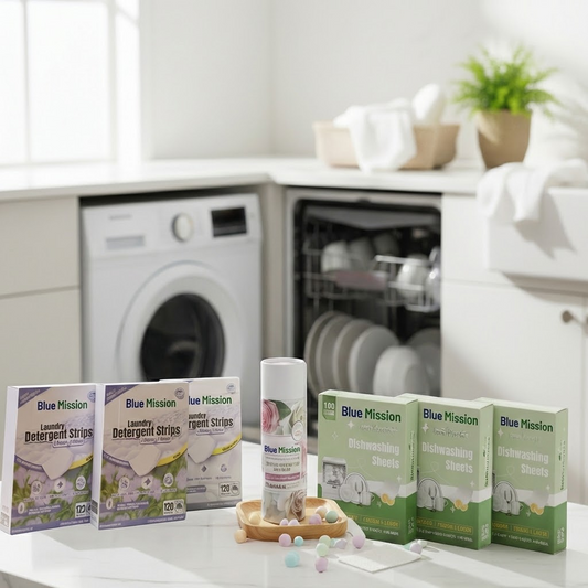 BlueMission Combo Pack – 3x Перилни кърпички + 3x кърпички за Съдомиялна + ПОДАРЪК ПЕРЛИ НА СВЕЖЕСТТА