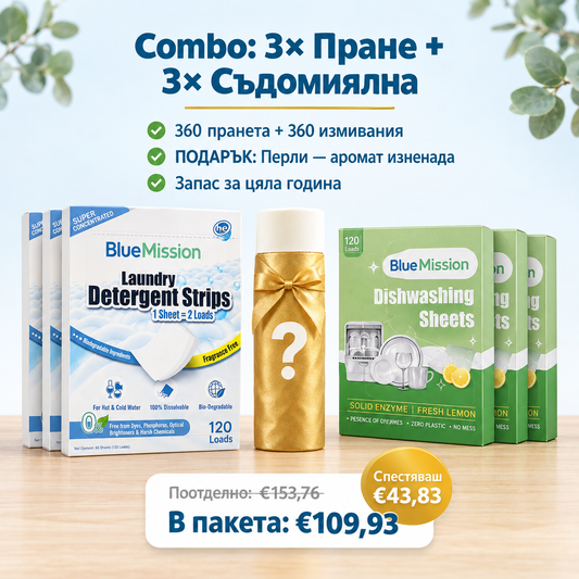 BlueMission Combo Pack – 3x Пране + 3x Съдомиялна + подарък Перли: €109,93 вместо €153,76