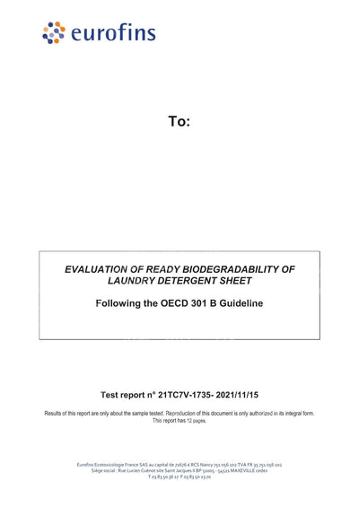 Кърпички за пране — Преминат, лесно биоразградим · OECD 301B · Eurofins